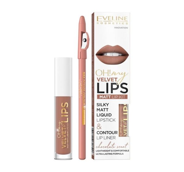 Eveline Cosmetics Oh! My Velvet Lips Liquid Matt Lip Kit zestaw matowa pomadka w płynie 4.5ml + konturówka do ust 1szt 14 Choco Truffle (P1)